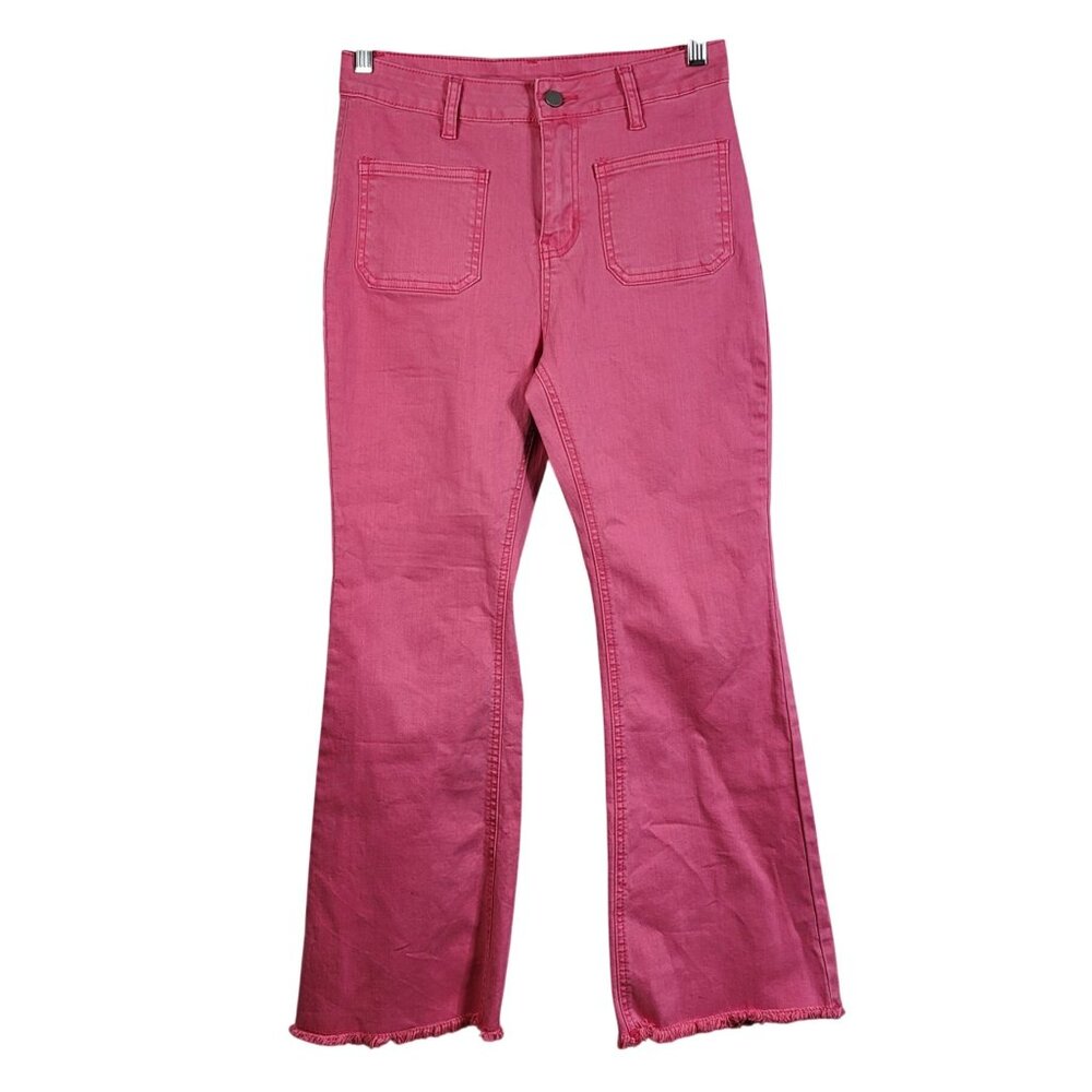 Boutique Pink Jeans Size 6 Raw Hem Zipper Button Patch Pockets Flare High Rise